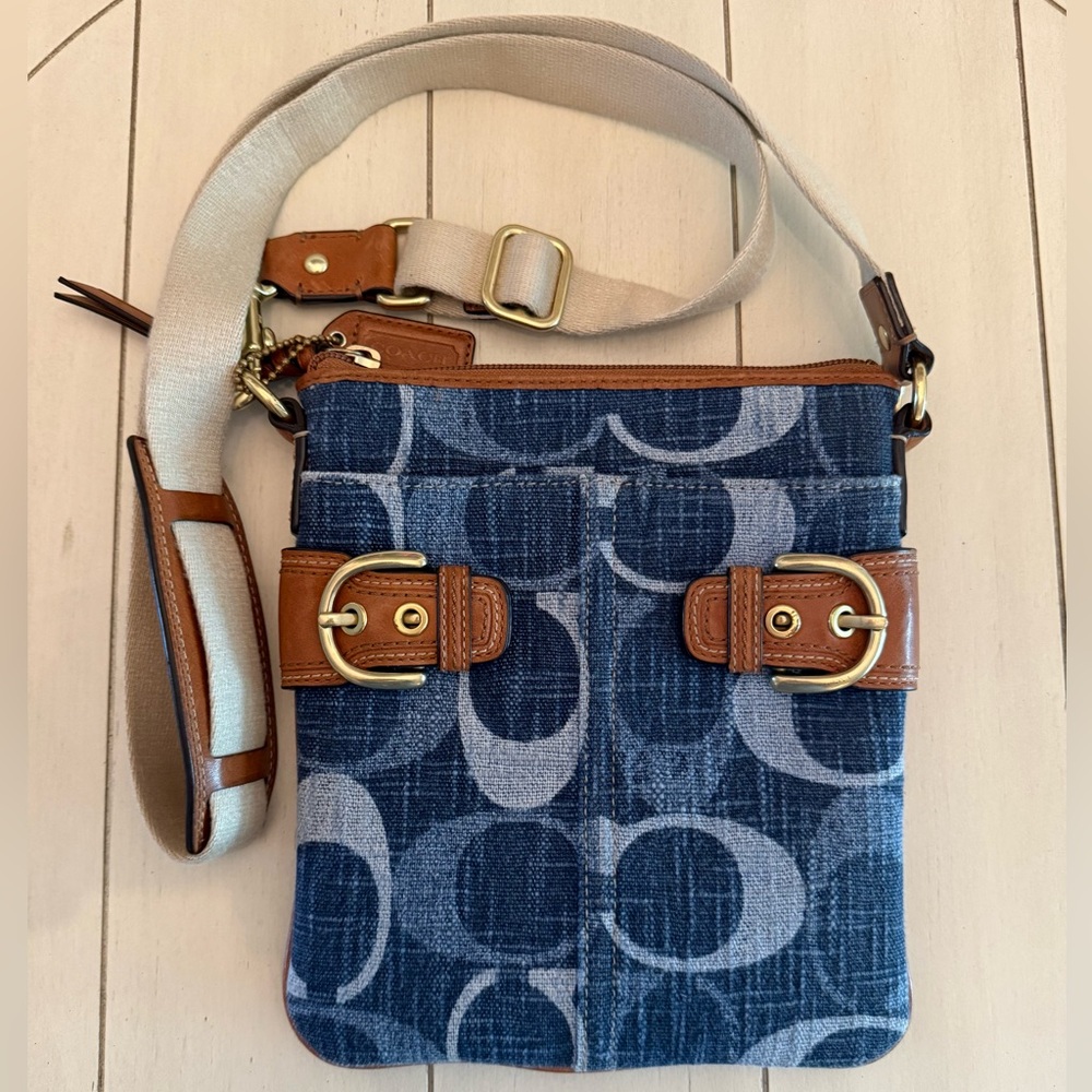 Denim Coach crossbody with zipper closure and front and back slip pockets - Picture 2 of 10